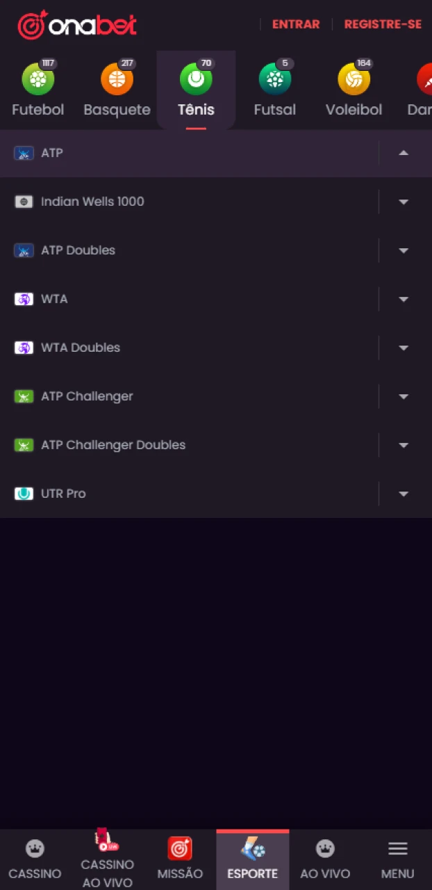 Navegue pelos eventos e escolha o duelo ideal para realizar apostas em tênis na Onabet.