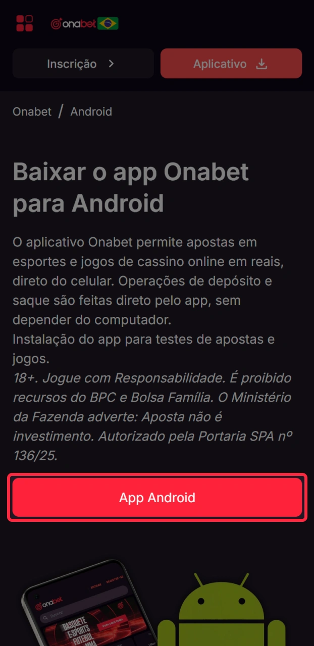 Clique no botão para baixar o app Onabet no seu Android.