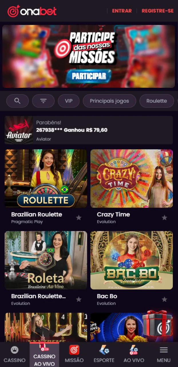 Ganhe em tempo real no cassino ao vivo do app Onabet no Android.