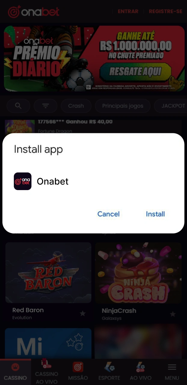 Aceite o download na janela pop-up para instalar o app Onabet no seu Android.