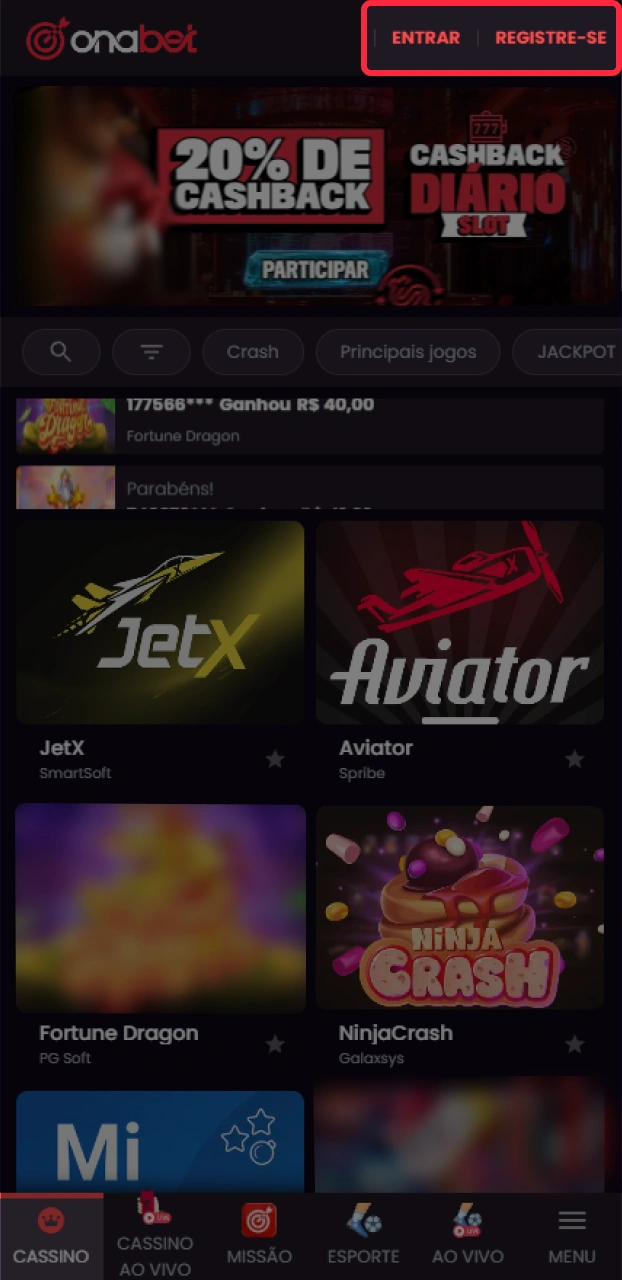 Abra o app Onabet no iOS e faça login para começar a lucrar no Brasil.