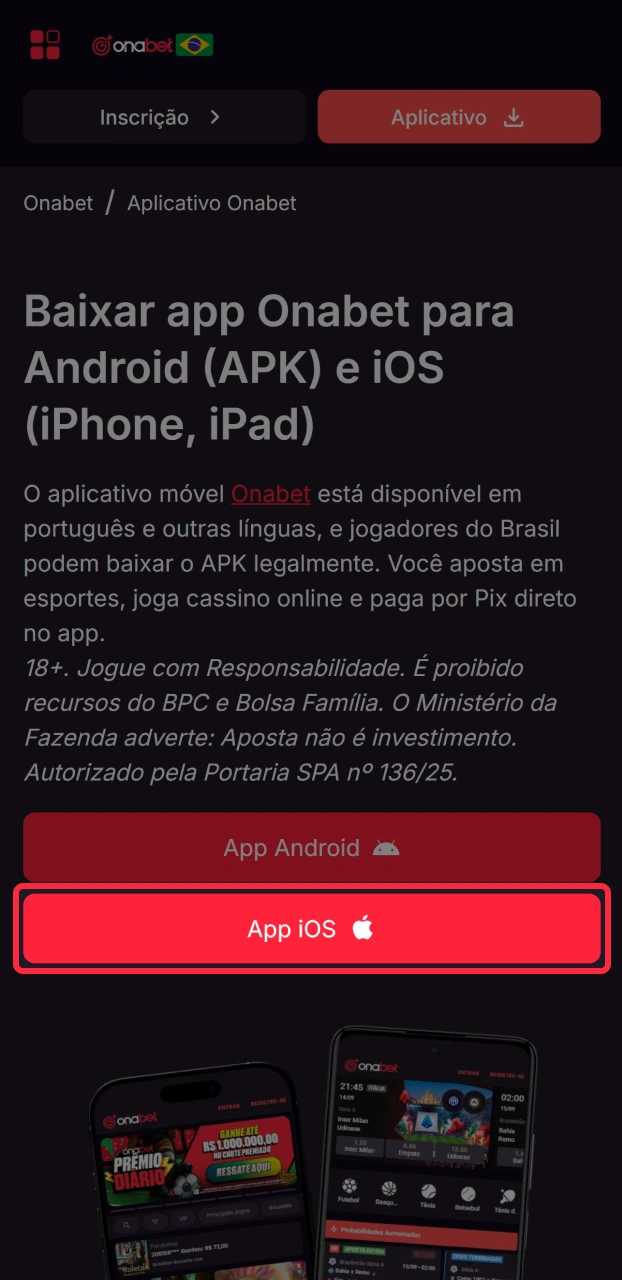 Clique nesse botão para instalar o aplicativo Onabet no seu iOS.