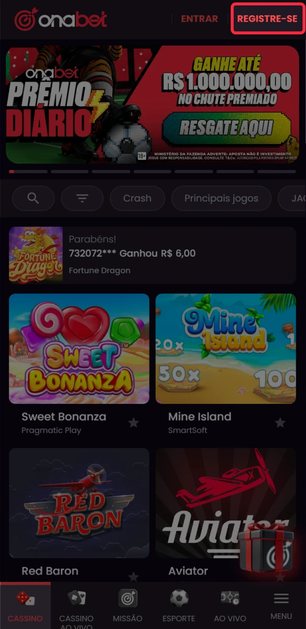 Clique no botão para iniciar seu cadastro na Onabet e ganhar.