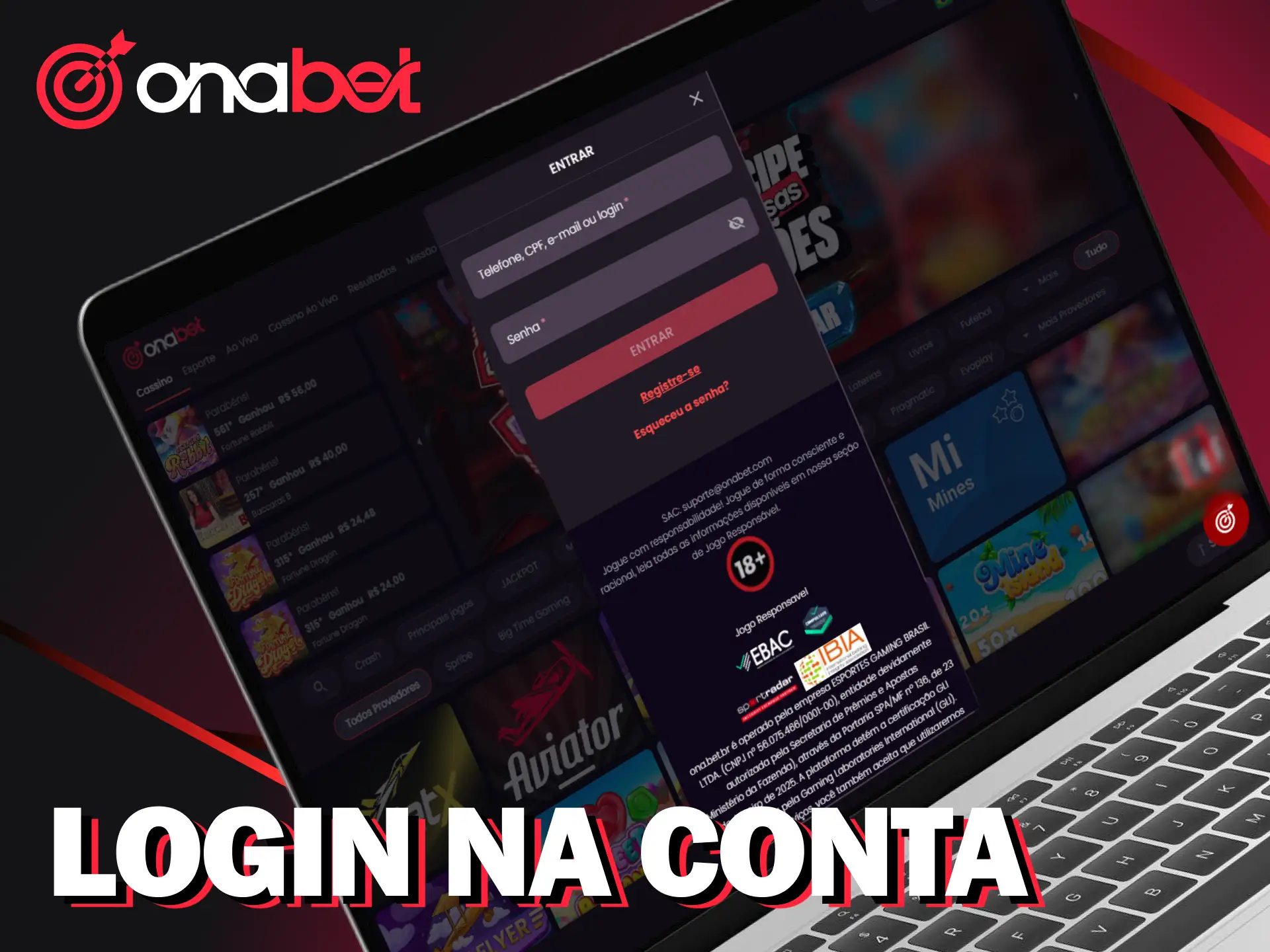 Entre na sua conta de cadastro na Onabet para jogar.