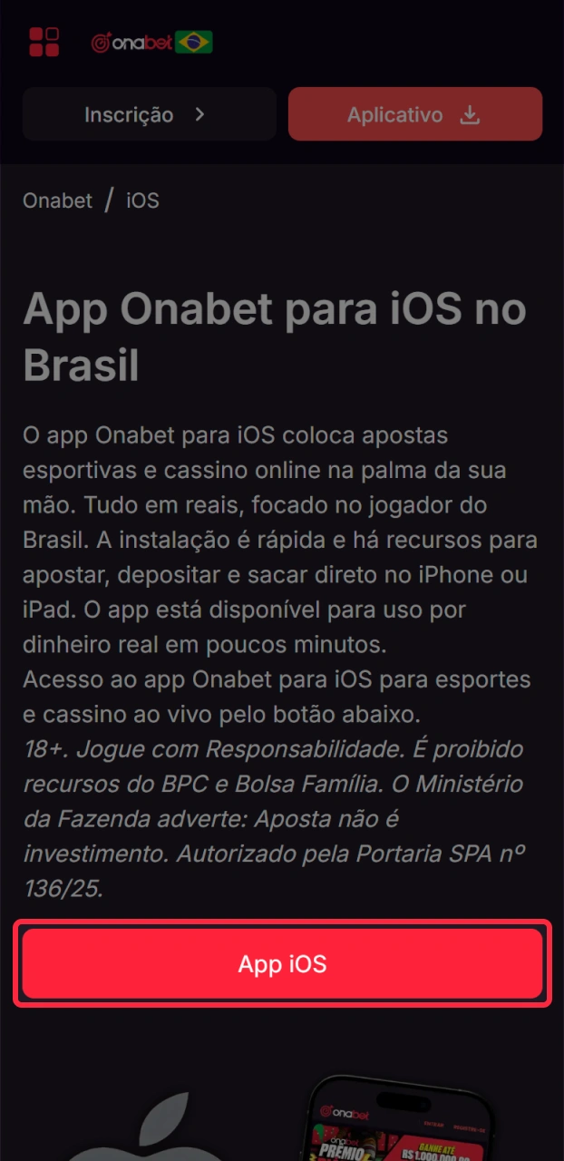 Pressione o botão para baixar o app Onabet no seu aparelho iOS.