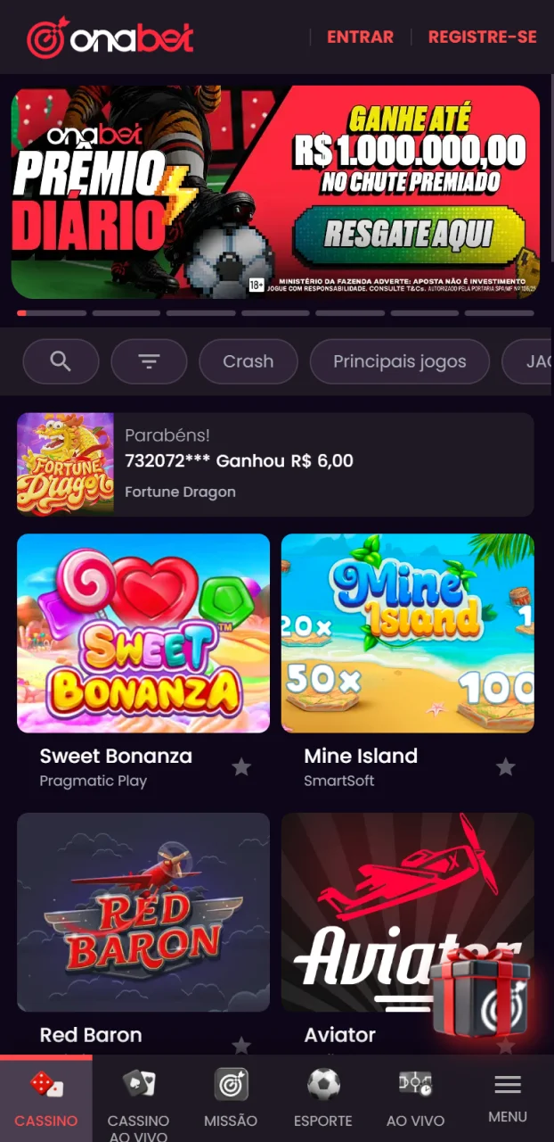 Interface do aplicativo Onabet para iOS para jogos de cassino.