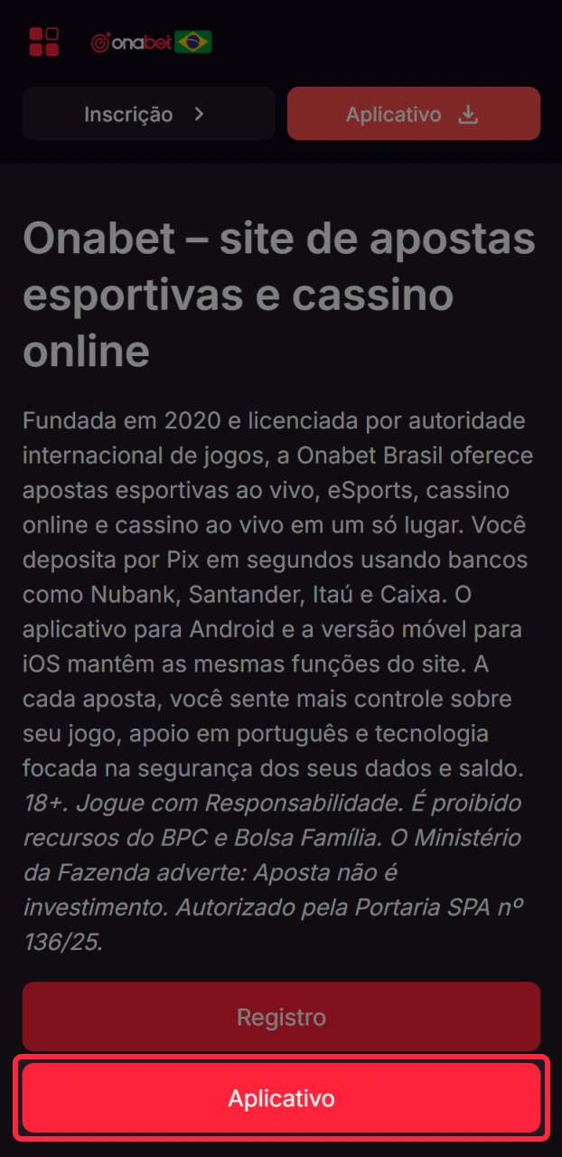 Baixe o app oficial da Onabet para facilitar o seu login.