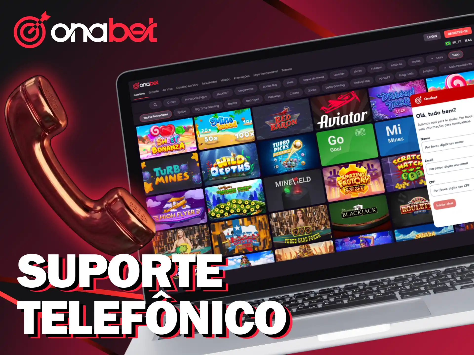 Acesse a central de ajuda e o suporte por telefone da Onabet Brasil.